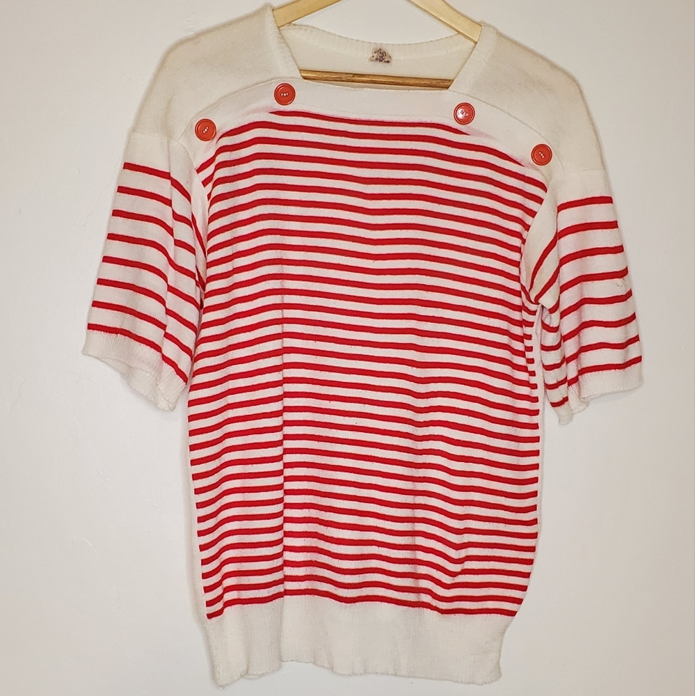 (Red &) White Stripes Red and White Striped Short Sleeve Knit Sweater Shirt - Picture 10 of 14